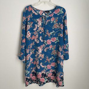 Tolani Blue Floral Tie Front 100% Silk Bell Sleeve Dress